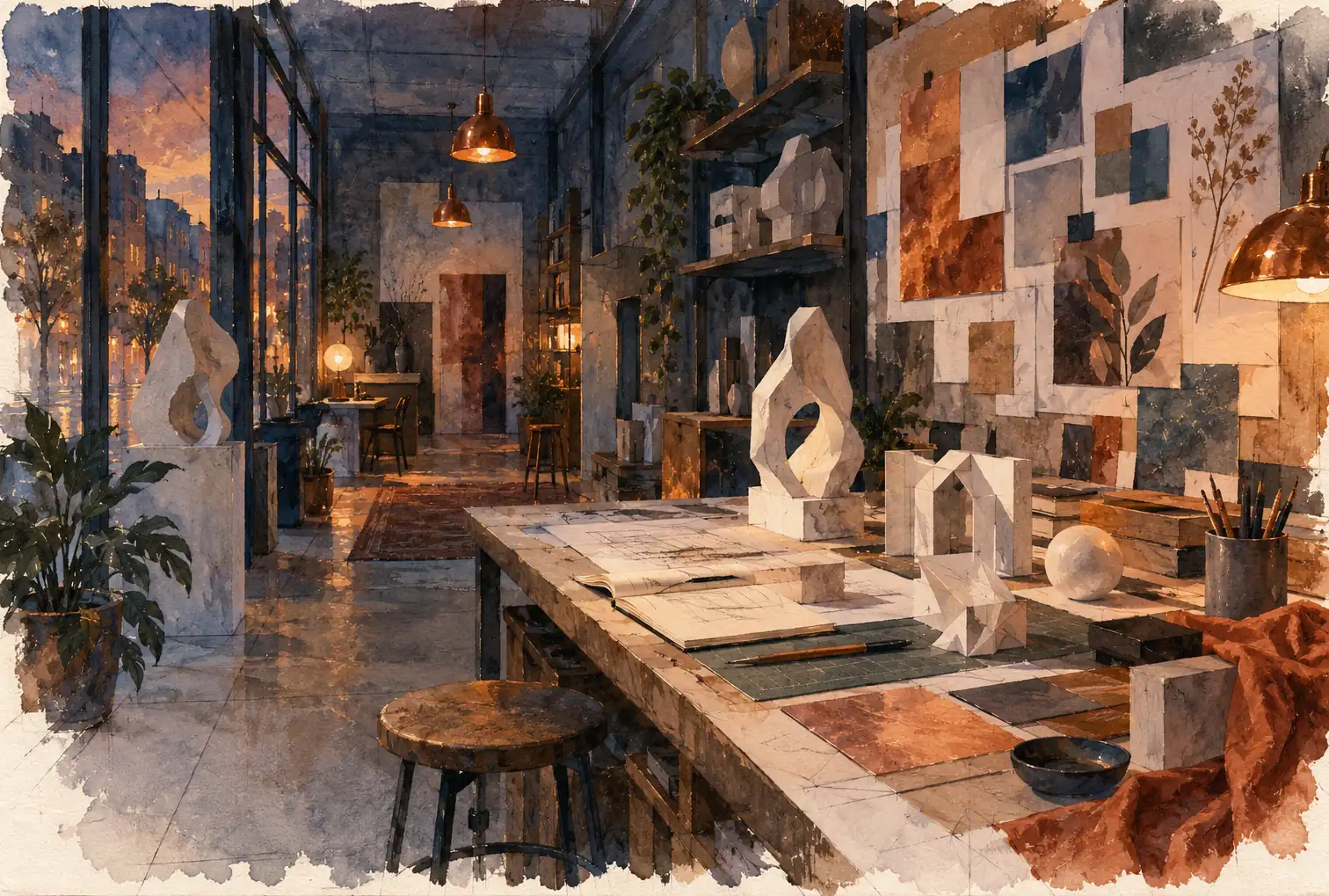 Illustration of marketing and creative businesses and their working space
