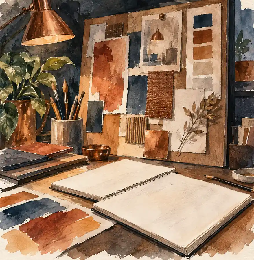 Illustration of marketing and creative businesses equipment and workspace